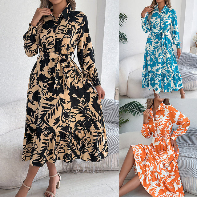 Floral Collared Ruffle Shirt Maxi Dress