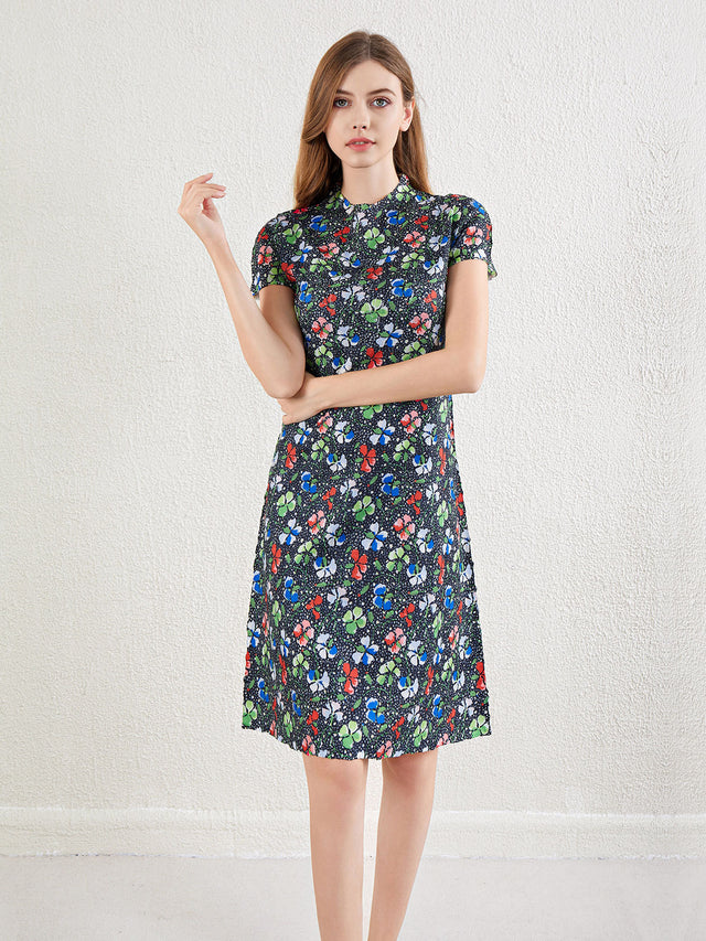 Pleated Floral Short Sleeve A-Line Midi Dress