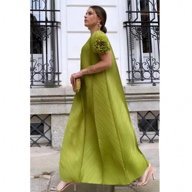 Plus Size Pleated Floral Petal Sleeve Maxi Dress