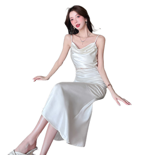Lace Trim Satin Cut-Out Slip Midi Dress