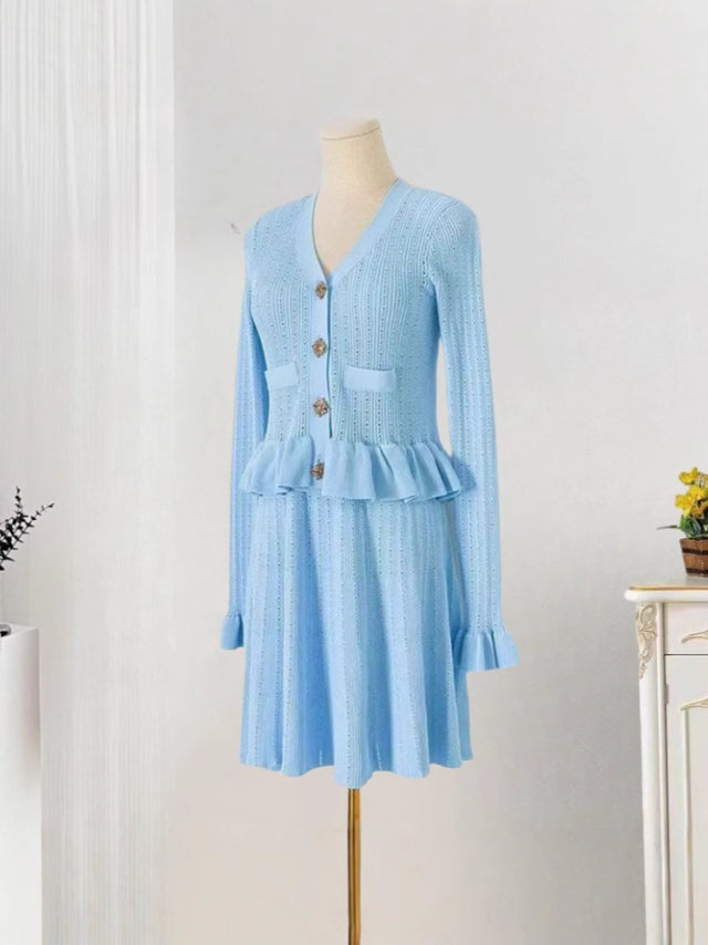 Knit V-Neck Long Sleeve Ruffle Midi Dress