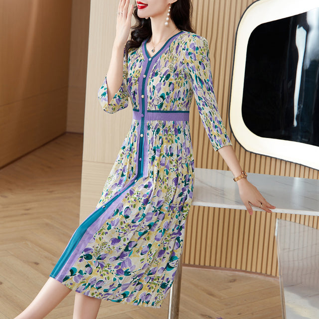 Plus Size Pleated Floral Button Front Midi Dress