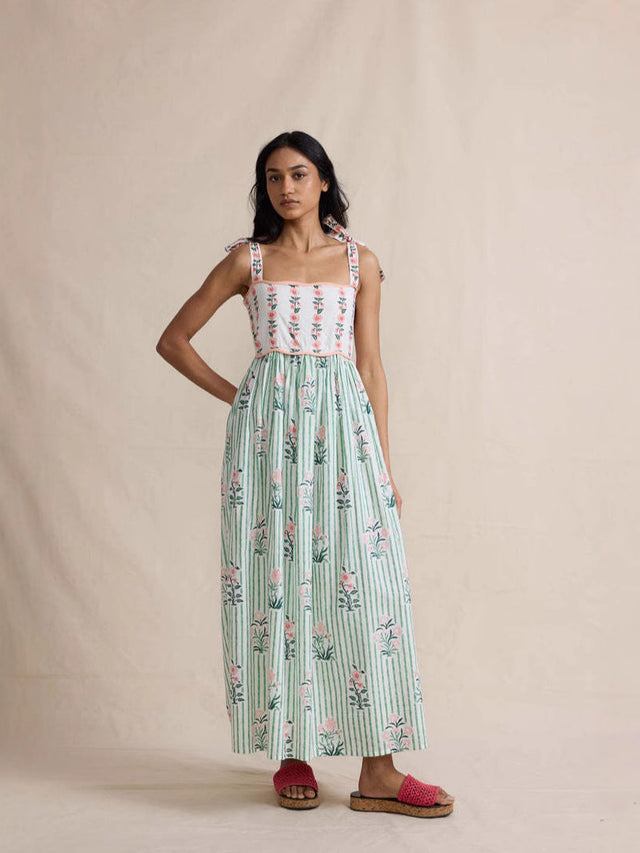 Boho Colorblock Lace-Up Tiered Maxi Dress