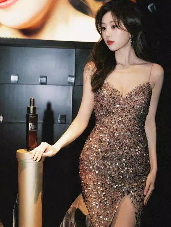 Sequin Strappy Fishtail Slit Evening Maxi Dress