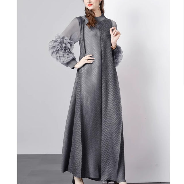 Stand Collar Pleated Petal Floral Maxi Dress