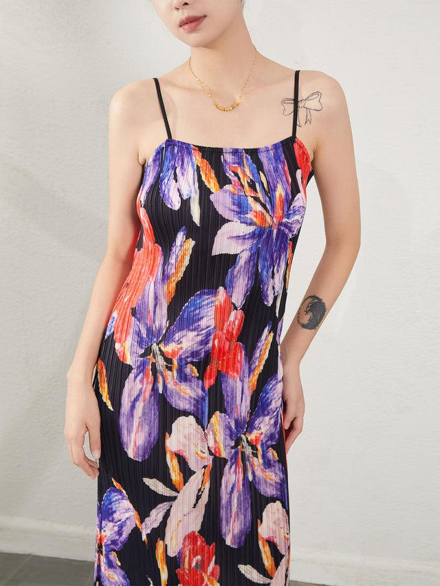 Pleated Floral Strappy Slip Maxi Dress