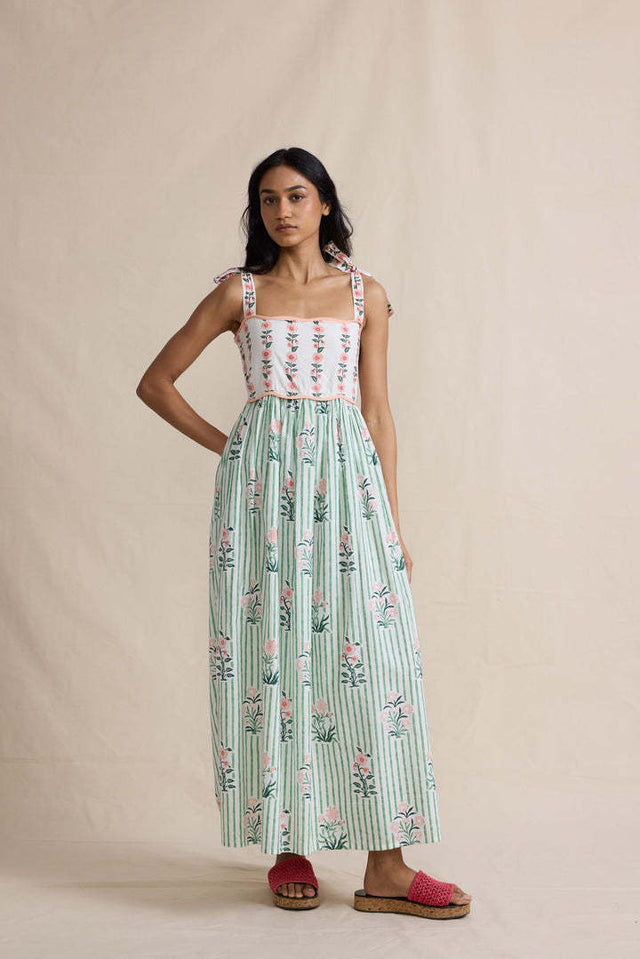 Boho Colorblock Lace-Up Tiered Maxi Dress
