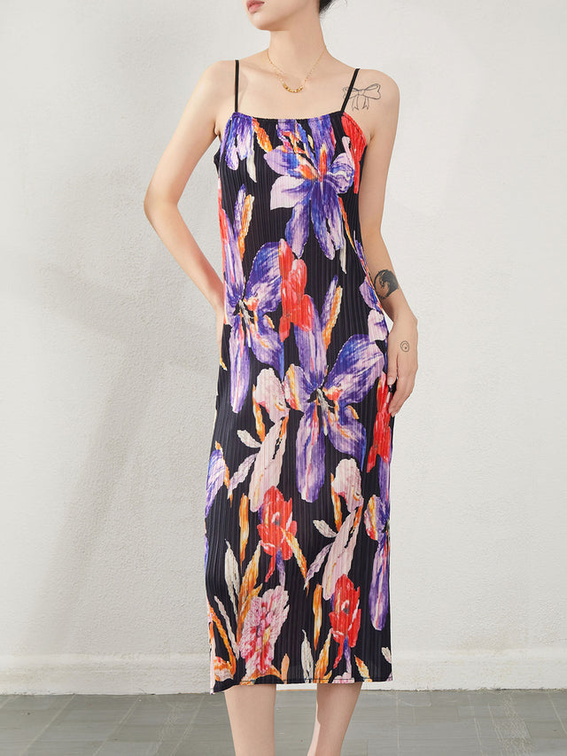 Pleated Floral Strappy Slip Maxi Dress