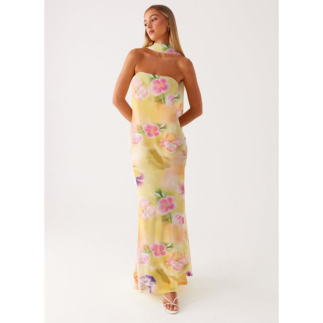 Strapless Floral Chiffon Fishtail Maxi Dress