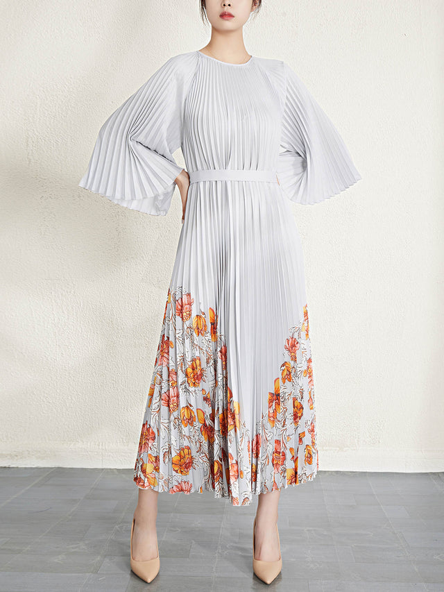 Pleated Printed Long Sleeve Midi Dress