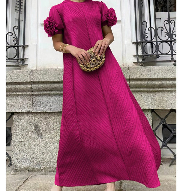 Plus Size Pleated Floral Petal Sleeve Maxi Dress