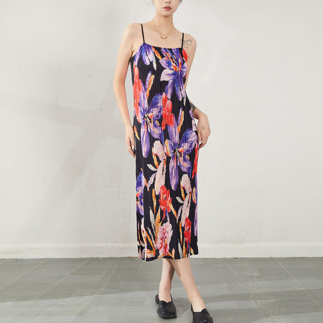 Pleated Floral Strappy Slip Maxi Dress