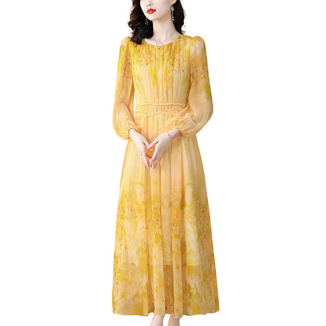 Yellow Floral Long Sleeve A-Line Maxi Dress
