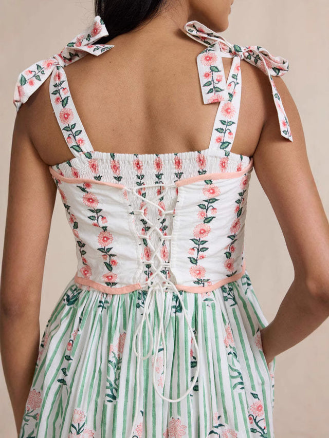 Boho Colorblock Lace-Up Tiered Maxi Dress