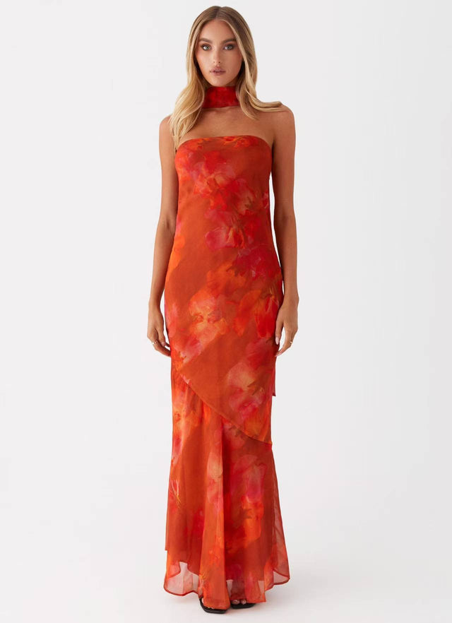 Strapless Floral Chiffon Fishtail Maxi Dress