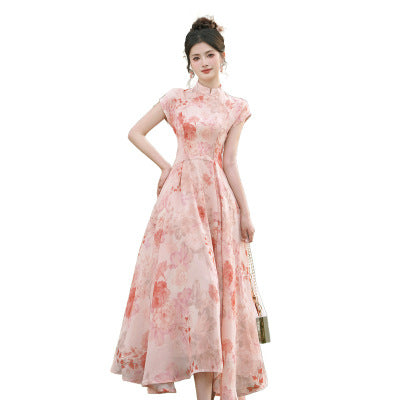 Modern Cheongsam Stand Collar Floral Maxi Dress