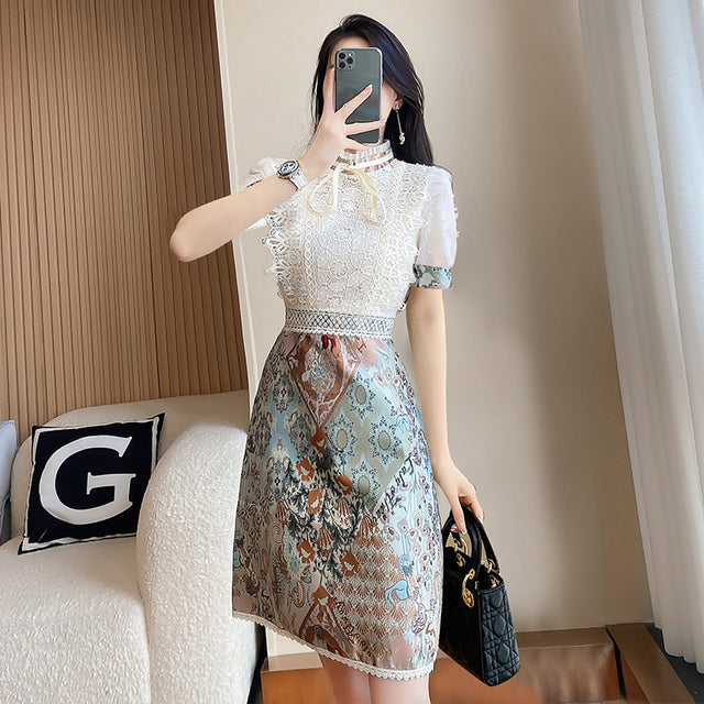 Lace Trim Floral Puff Sleeve A-Line Midi Dress
