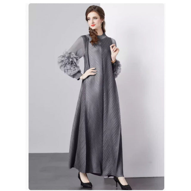 Stand Collar Pleated Petal Floral Maxi Dress