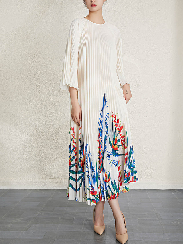 Pleated Printed Long Sleeve Midi Dress