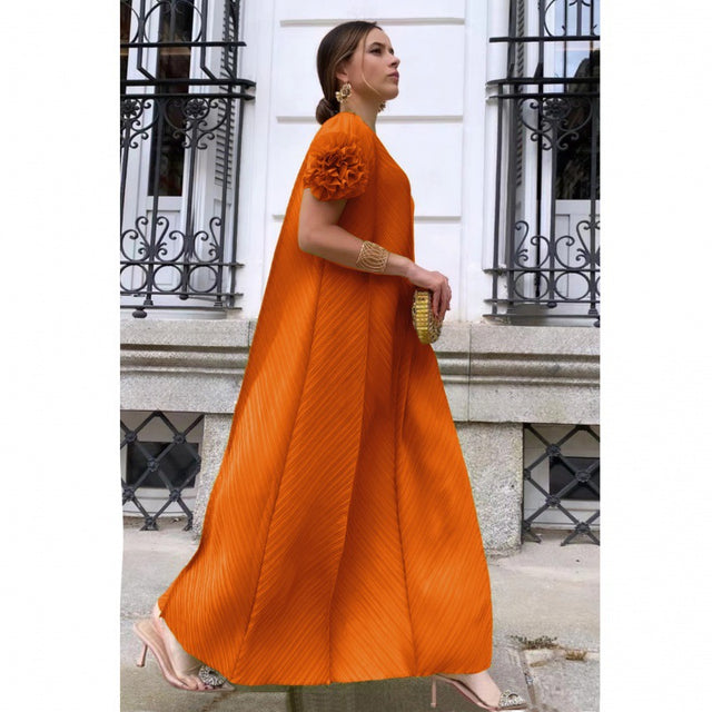Plus Size Pleated Floral Petal Sleeve Maxi Dress