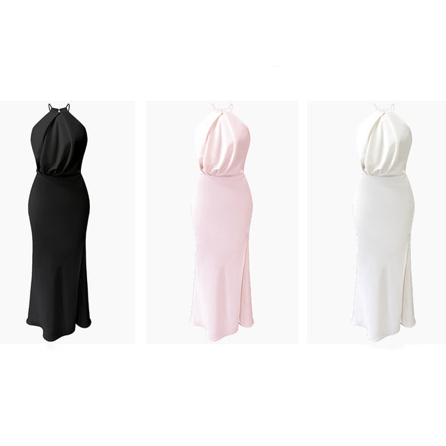Halter Neck Satin Wrap Skirt Midi Dress