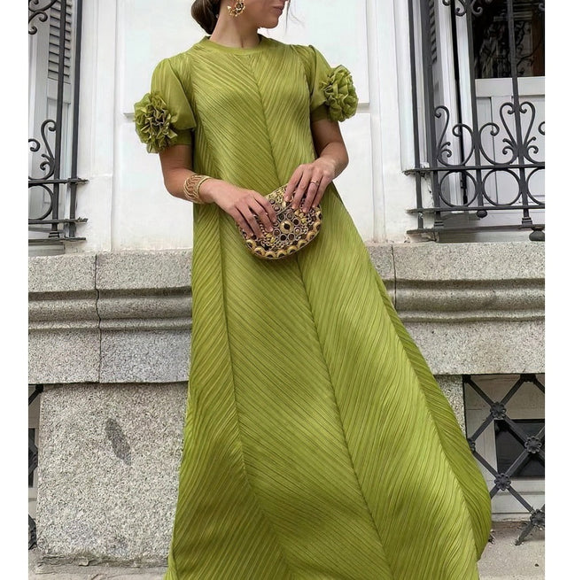 Plus Size Pleated Floral Petal Sleeve Maxi Dress