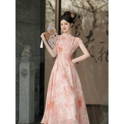 Modern Cheongsam Stand Collar Floral Maxi Dress