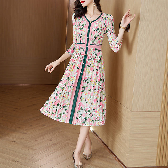 Plus Size Pleated Floral Button Front Midi Dress