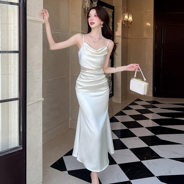 Lace Trim Satin Cut-Out Slip Midi Dress