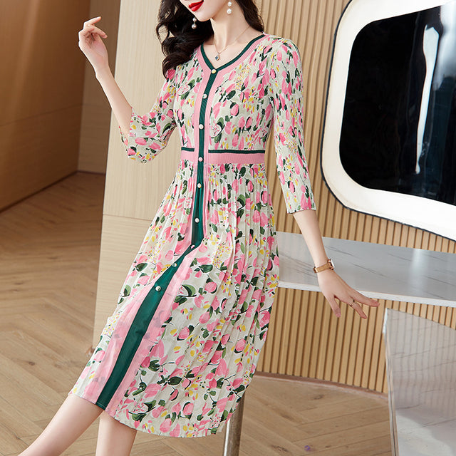 Plus Size Pleated Floral Button Front Midi Dress