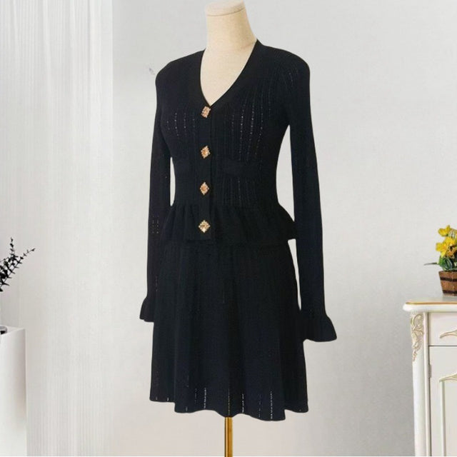 Knit V-Neck Long Sleeve Ruffle Midi Dress