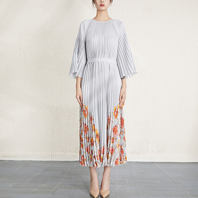 Pleated Printed Long Sleeve Midi Dress