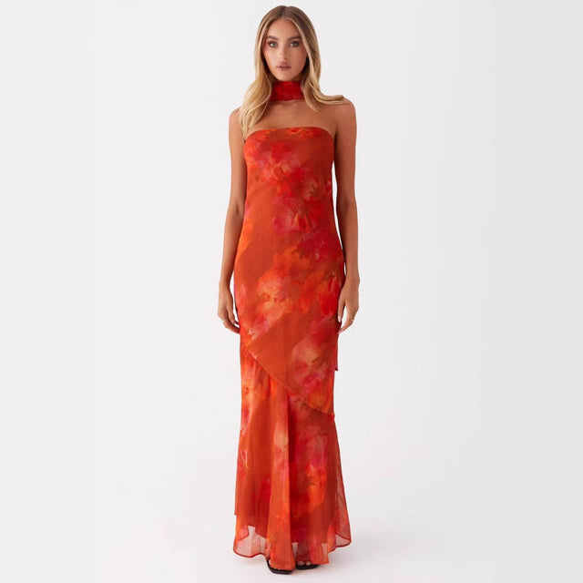 Strapless Floral Chiffon Fishtail Maxi Dress
