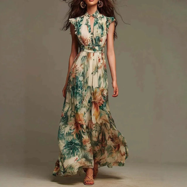Ruffle Mock Neck Smocked Waist Floral Maxi Dress