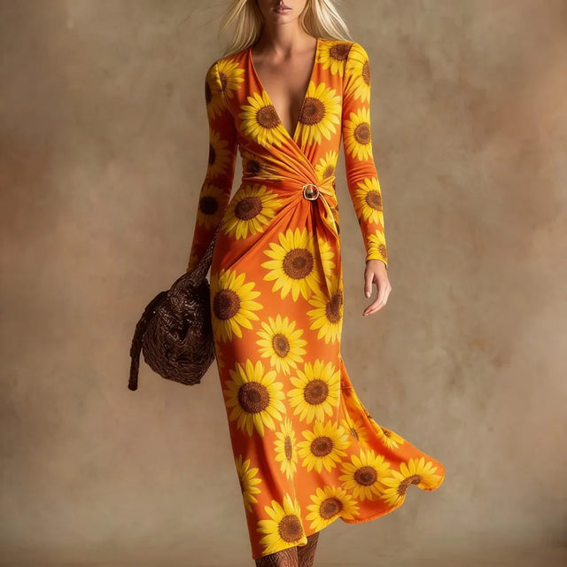 Sunflower Print Wrap Midi Dress with Tie Belt