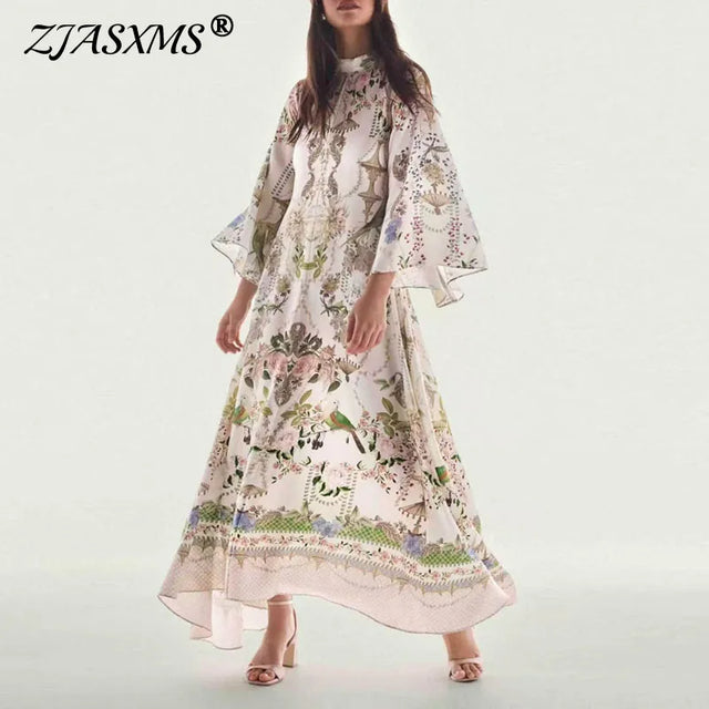 Vintage Floral Flared Sleeve Swing Maxi Dress
