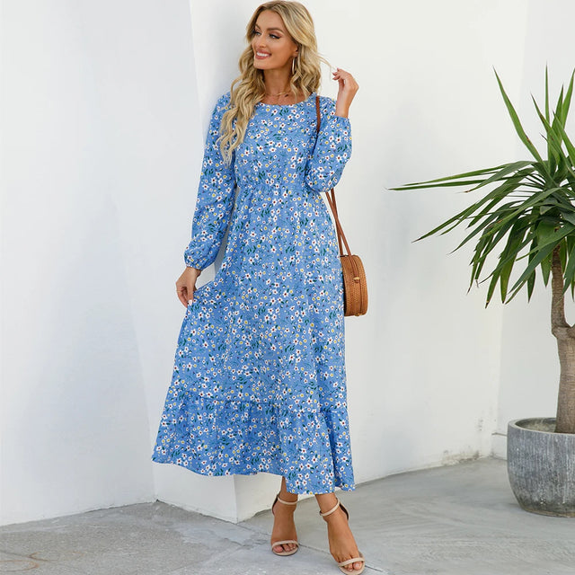 Boho Floral Puff Sleeve High Waist Midi Dress