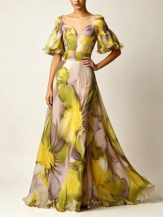 Yellow Floral Chiffon Ruffle Sleeve Maxi Gown