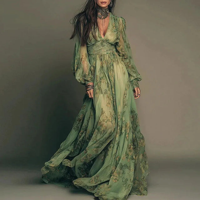 Green Floral Chiffon Lantern Sleeve Maxi Dress