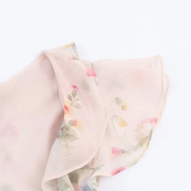 French Floral Ruffle Sleeve Deep V Maxi Dress