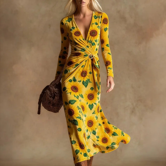 Sunflower Print Wrap Midi Dress with Tie Belt
