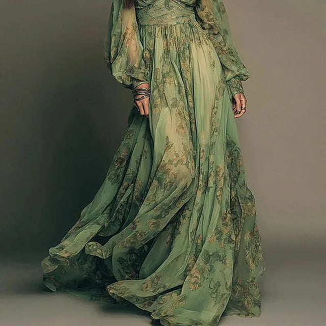Green Floral Chiffon Lantern Sleeve Maxi Dress