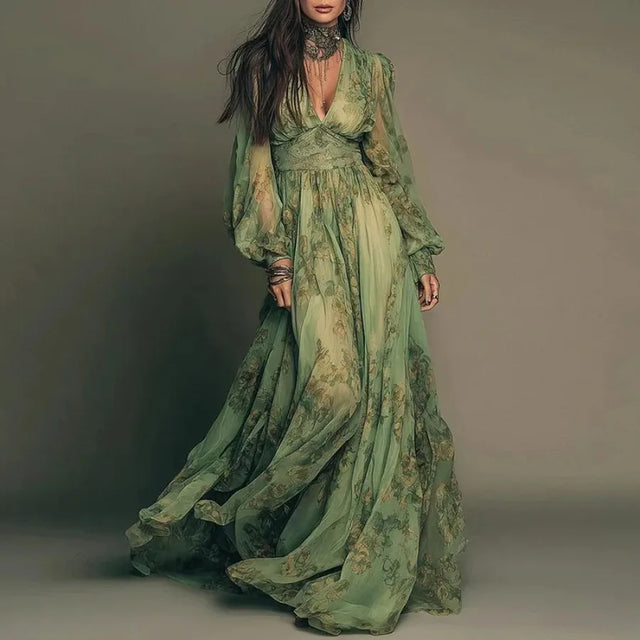 Floral Chiffon Deep V Lantern Sleeve Maxi Dress