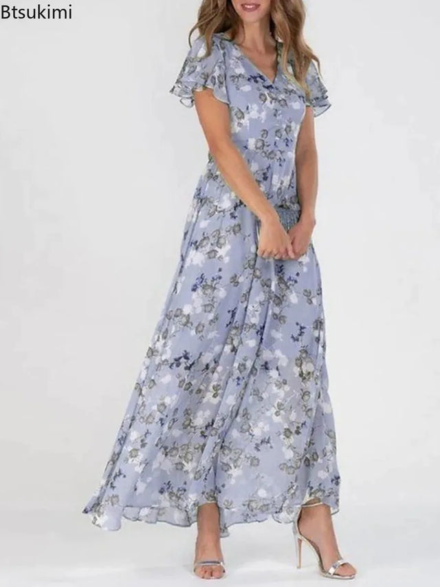 Retro Floral Empire Waist Chiffon Maxi Dress