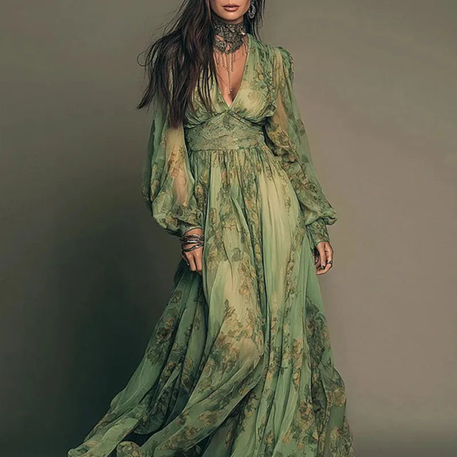 Green Floral Chiffon Lantern Sleeve Maxi Dress