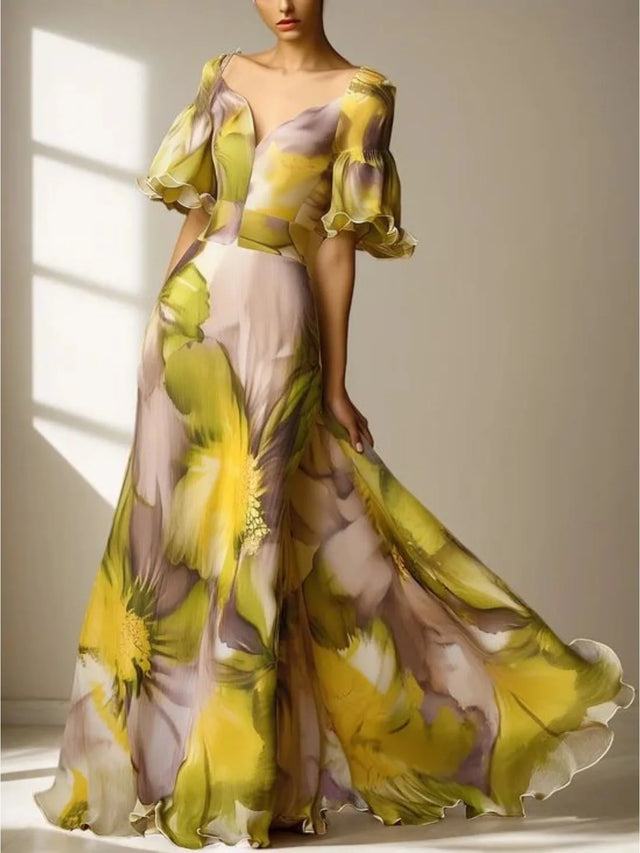 Yellow Floral Chiffon Ruffle Sleeve Maxi Gown