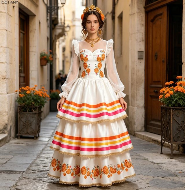 Mexican Folk Ruffle Puff Sleeve Maxi Dress