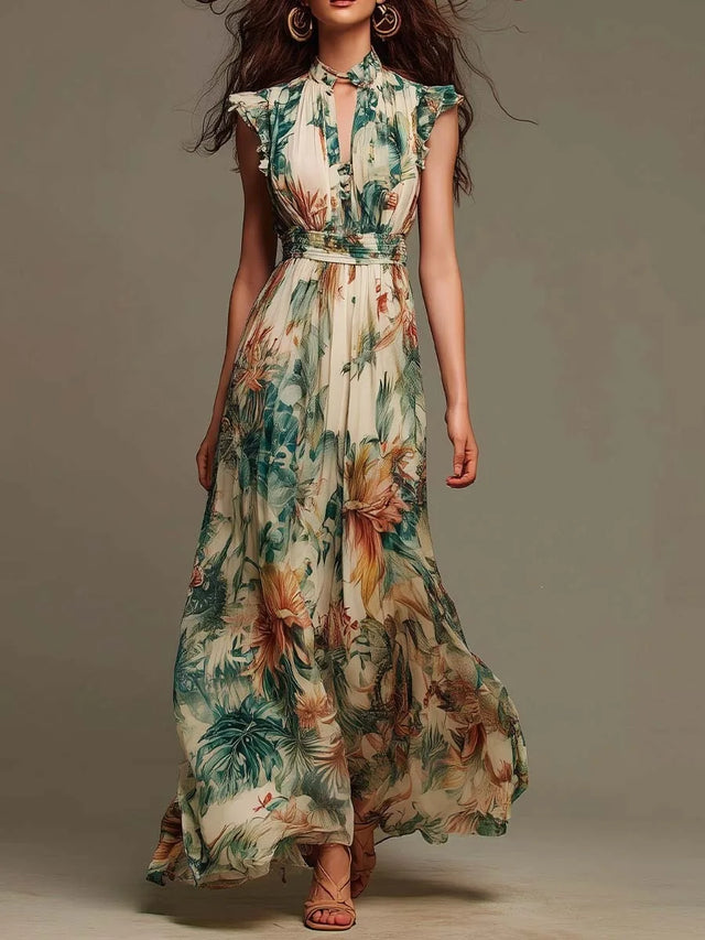 Ruffle Mock Neck Smocked Waist Floral Maxi Dress