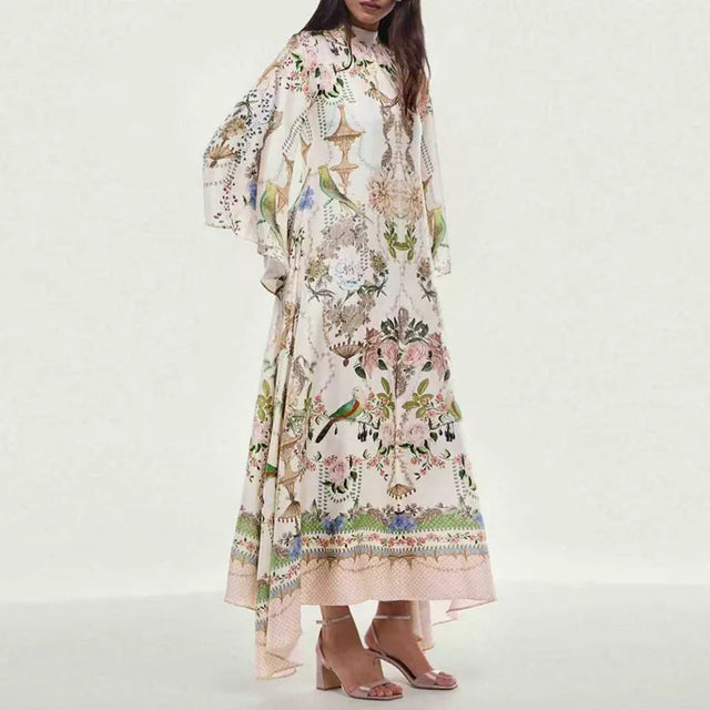 Vintage Floral Flared Sleeve Swing Maxi Dress