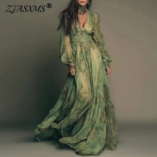 Green Floral Chiffon Lantern Sleeve Maxi Dress
